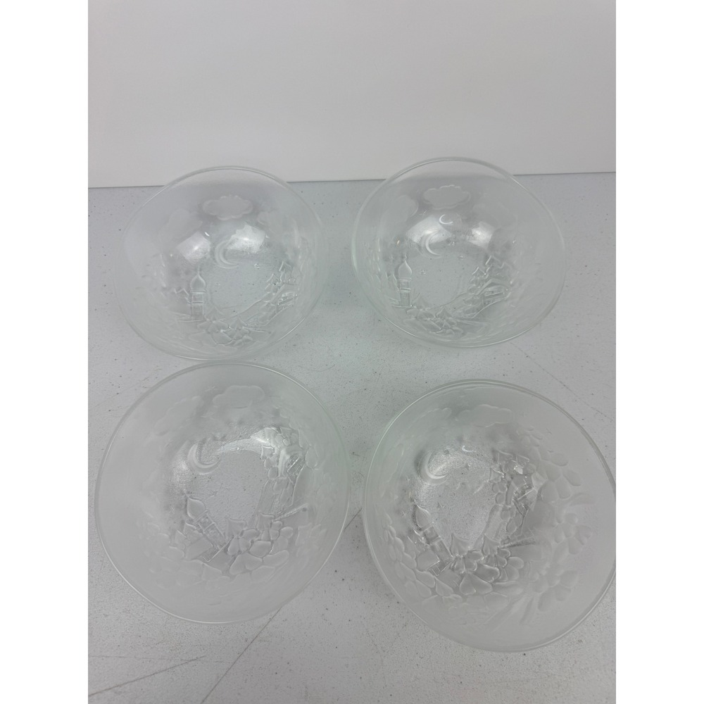 Vintage Frosted Glass Winter Scene Bowls Set of 4 Christmas Village Moon Stars - Picture 3 of 8